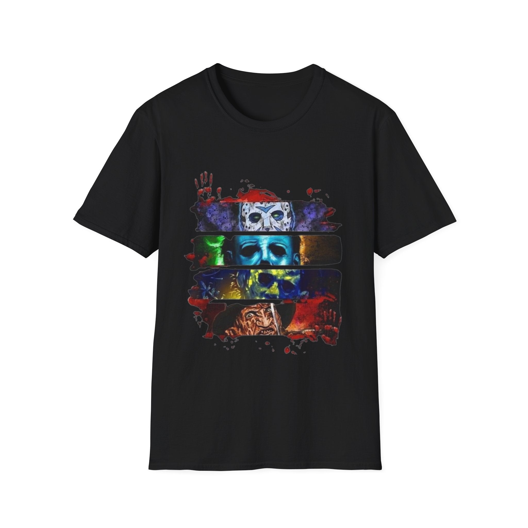 Horror Mask Split-Panel T-Shirt — Retro Slasher Movie Graphic Tee by Printify