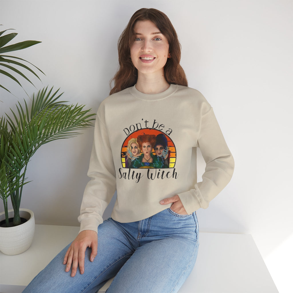 Don't Be a Salty Witch Crewneck Sweatshirt — Vintage Hocus Pocus Halloween Pullover by Printify
