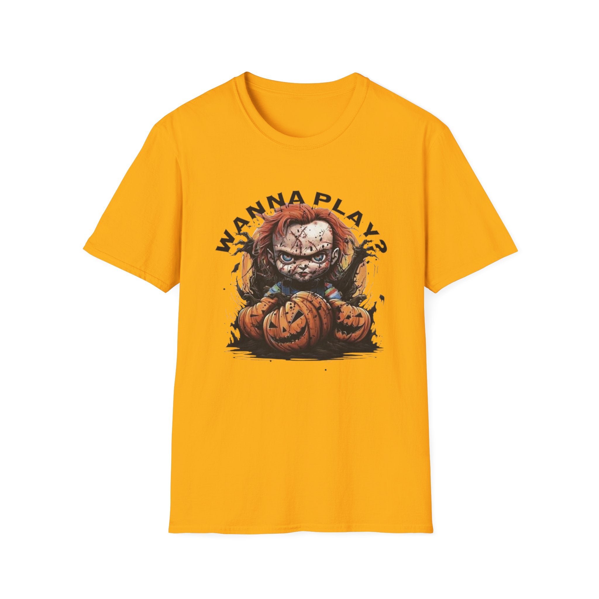 Horror Doll "Wanna Play?" T-Shirt by Printify