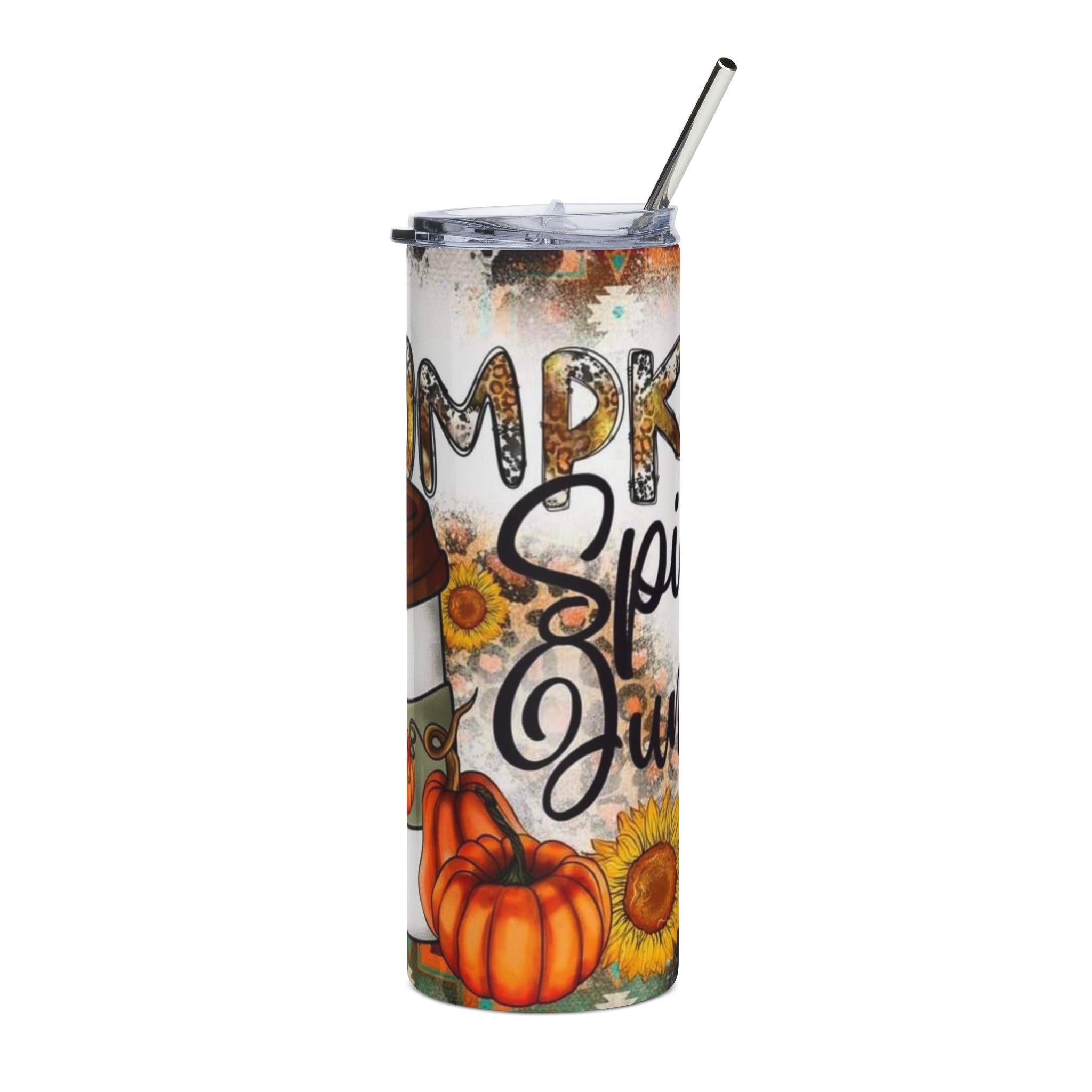 20oz Tumbler — Pumpkin Spice & Sunflowers Stainless Steel Travel Cup by Printify