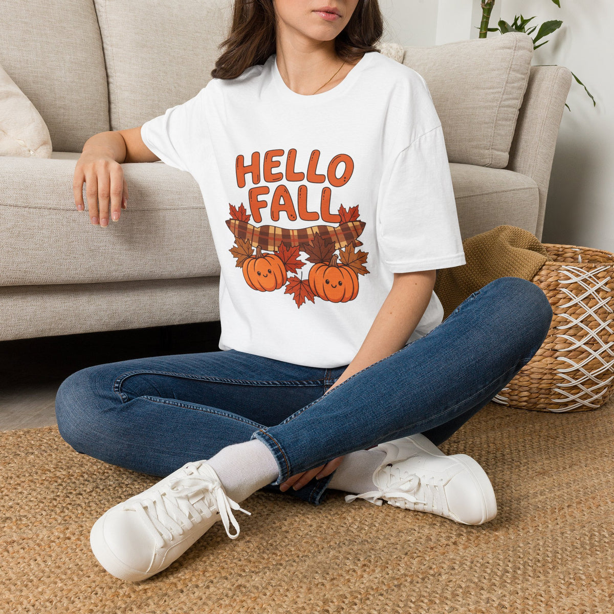 Hello Fall T-Shirt — Cute Pumpkin & Plaid Leaves Autumn Tee by Printify