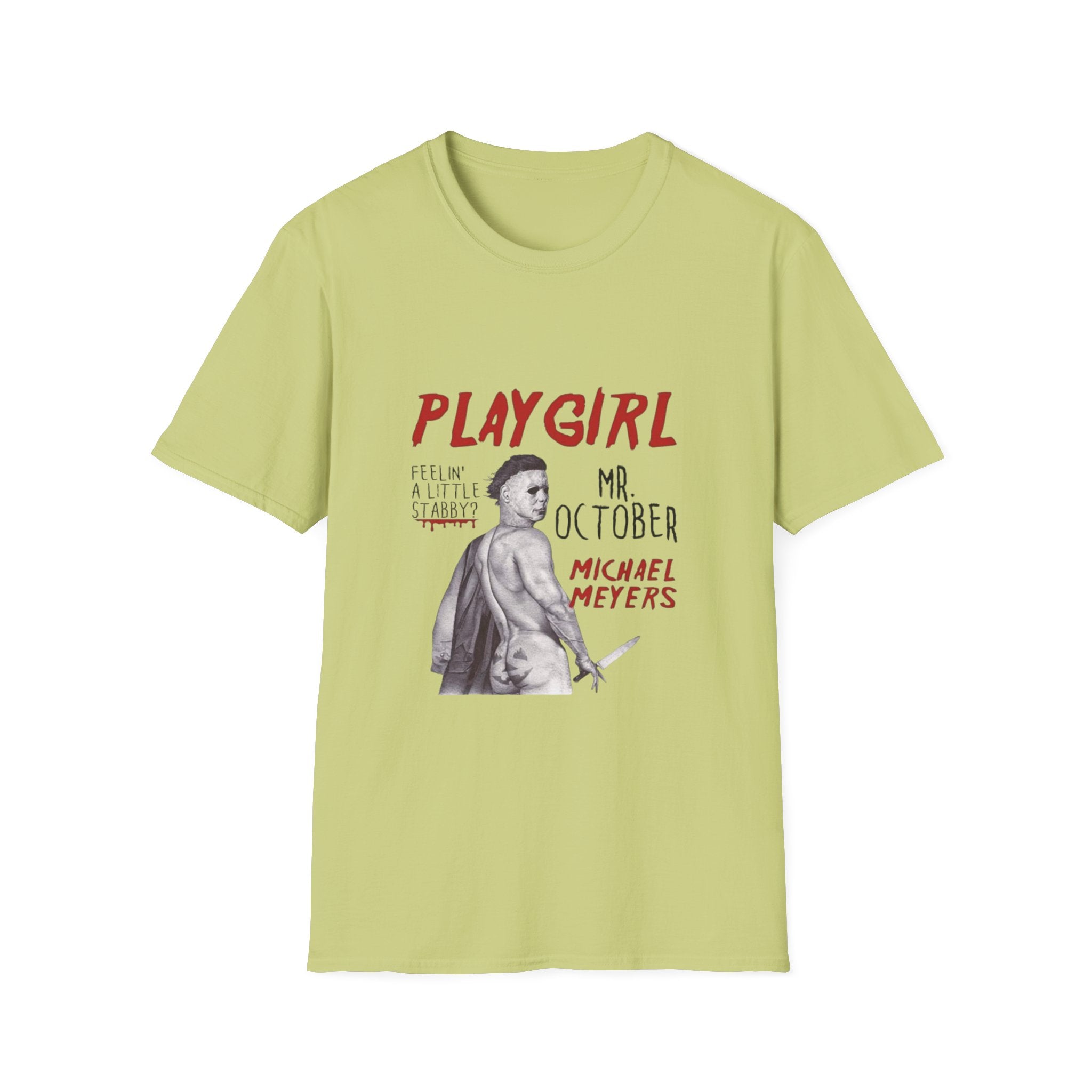 Playgirl Michael Myers T‑Shirt — 'Playgirl' Horror Movie Tee (Mr. October / Feelin' A Little Stabby?) by Printify