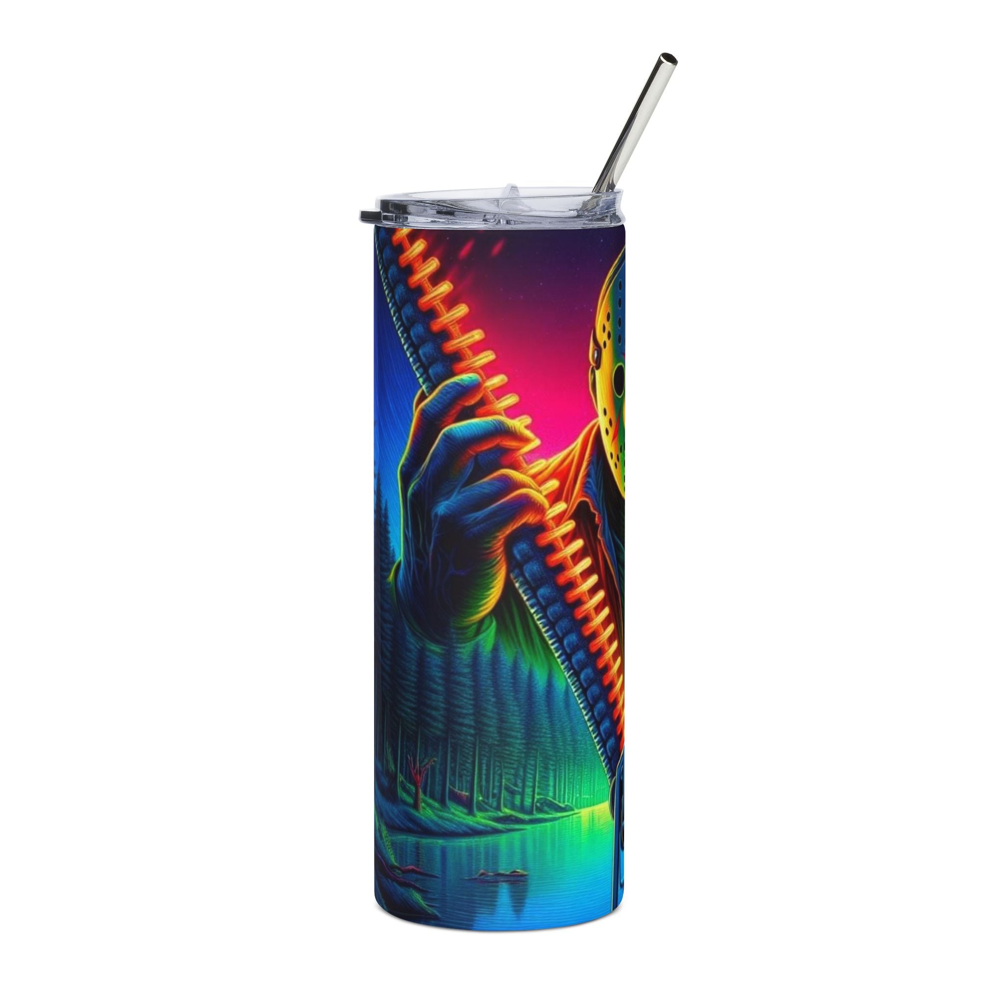 Horror Neon Jason Mask 20oz Stainless Steel Tumbler by Printify
