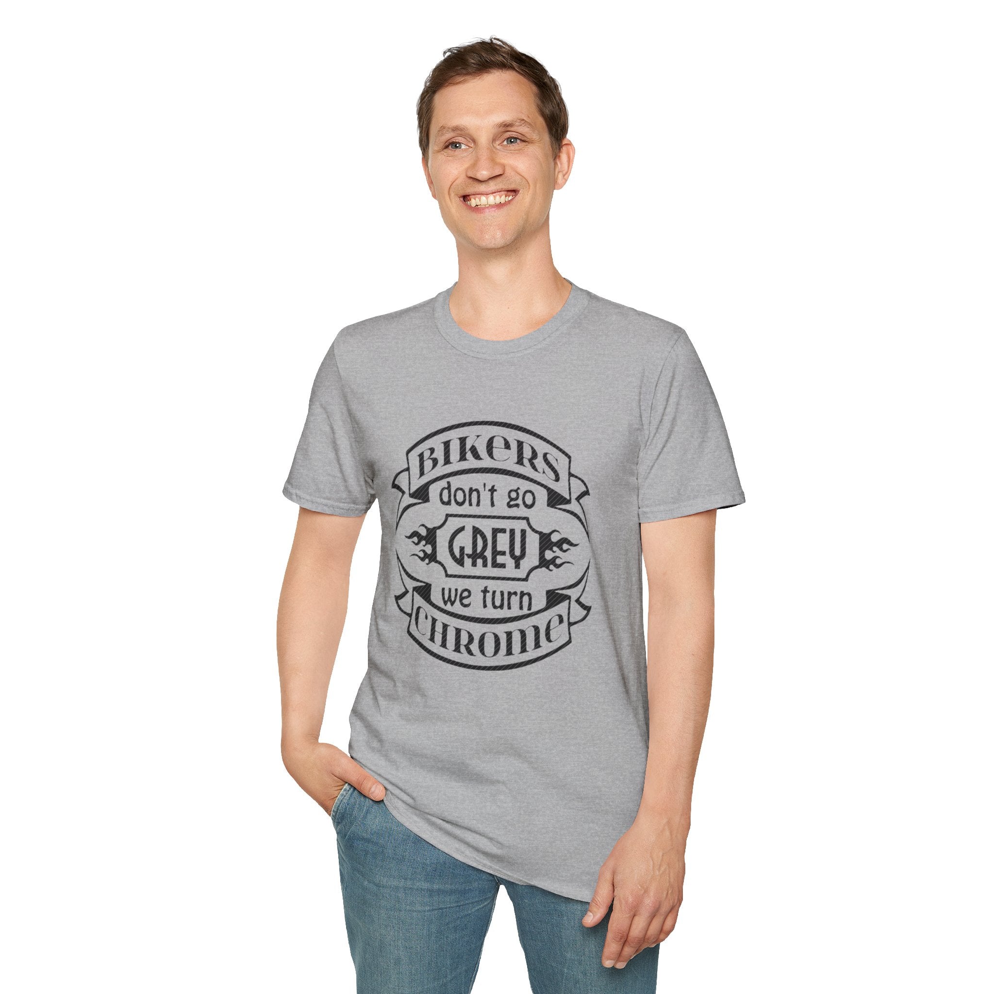 Biker T-Shirt — "Bikers Don't Go Grey, We Turn Chrome" Vintage Motorcycle Tee by Printify