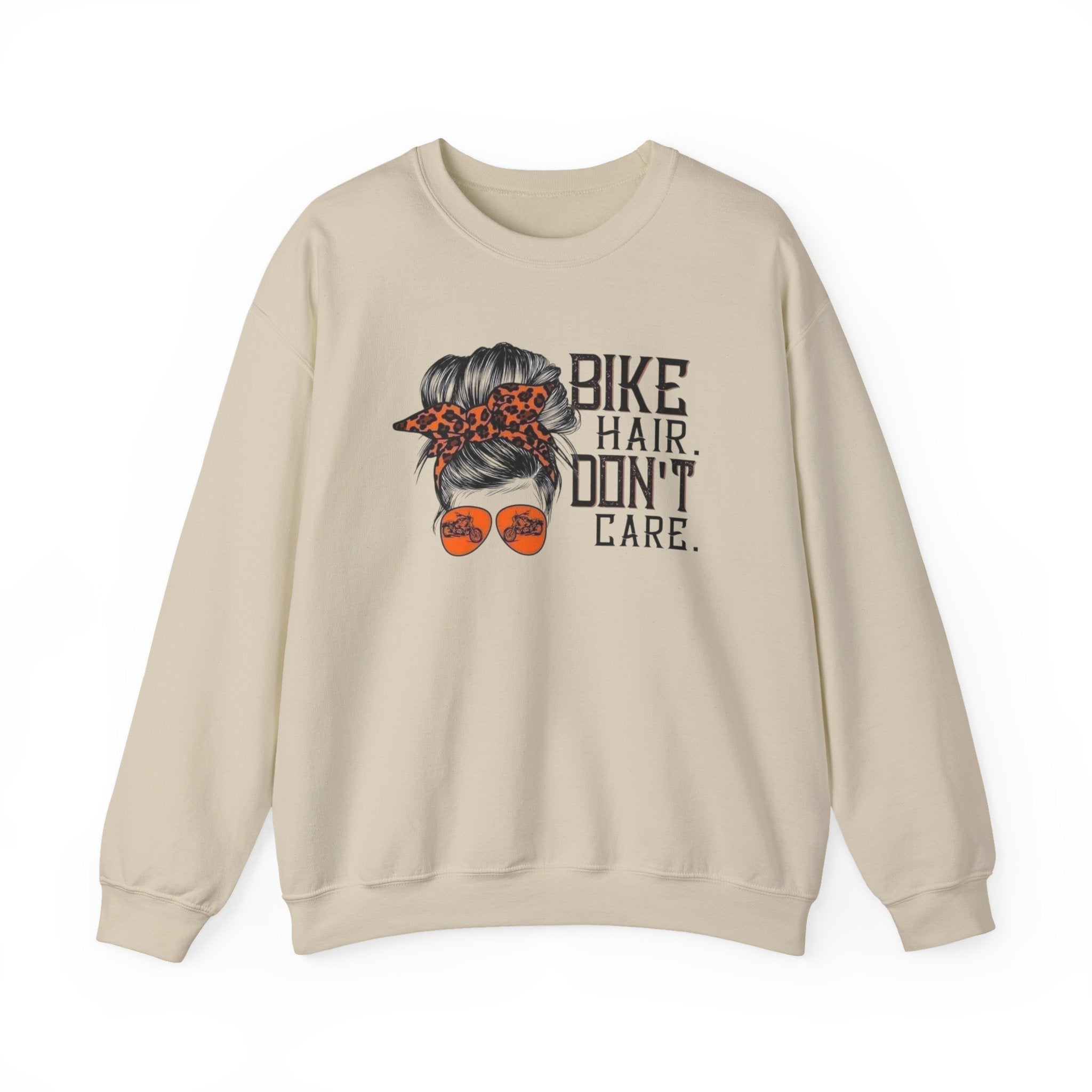 Crewneck Sweatshirt — “Bike Hair Don’t Care” Biker Messy Bun Graphic by Printify
