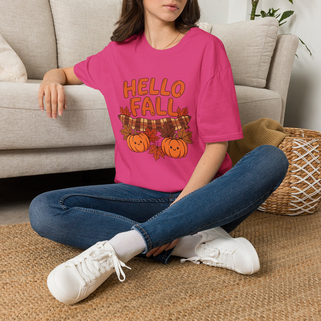 Hello Fall T-Shirt — Cute Pumpkin & Plaid Leaves Autumn Tee by Printify