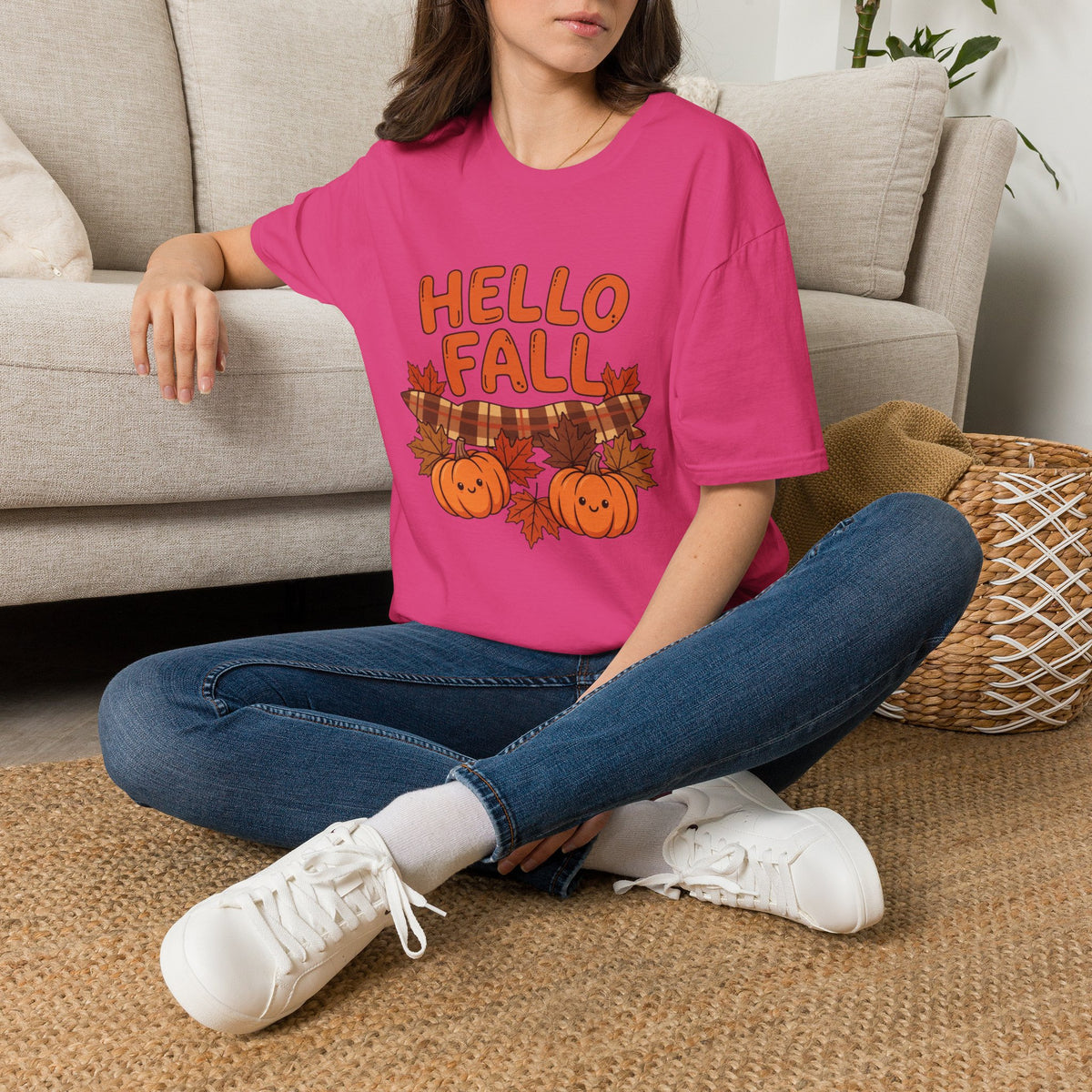 Hello Fall T-Shirt — Cute Pumpkin & Plaid Leaves Autumn Tee by Printify