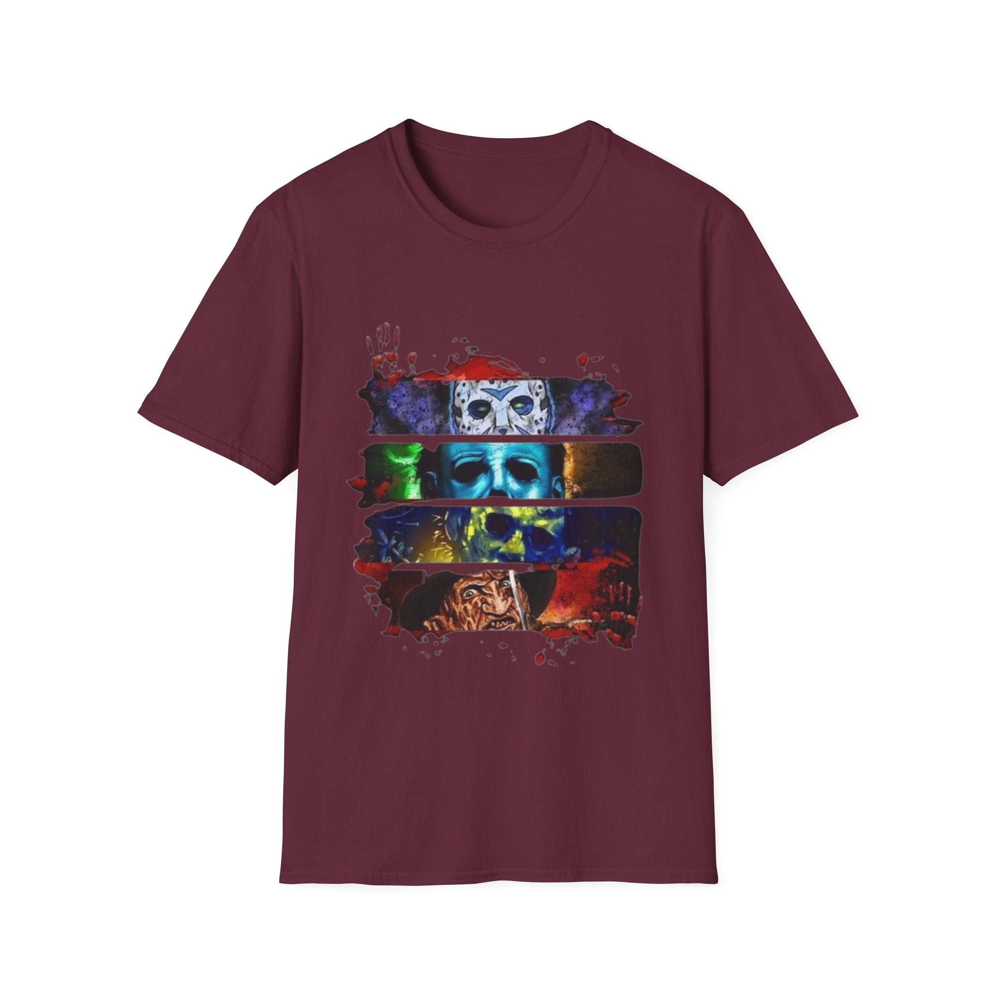 Horror Mask Split-Panel T-Shirt — Retro Slasher Movie Graphic Tee by Printify