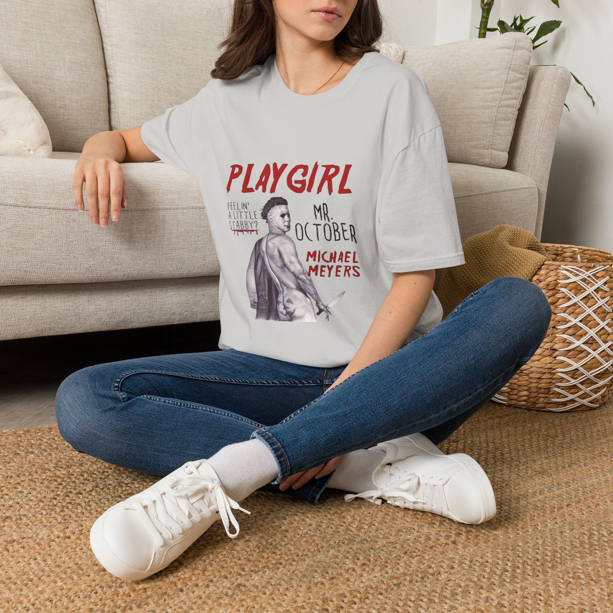 Playgirl Michael Myers T‑Shirt — 'Playgirl' Horror Movie Tee (Mr. October / Feelin' A Little Stabby?) by Printify