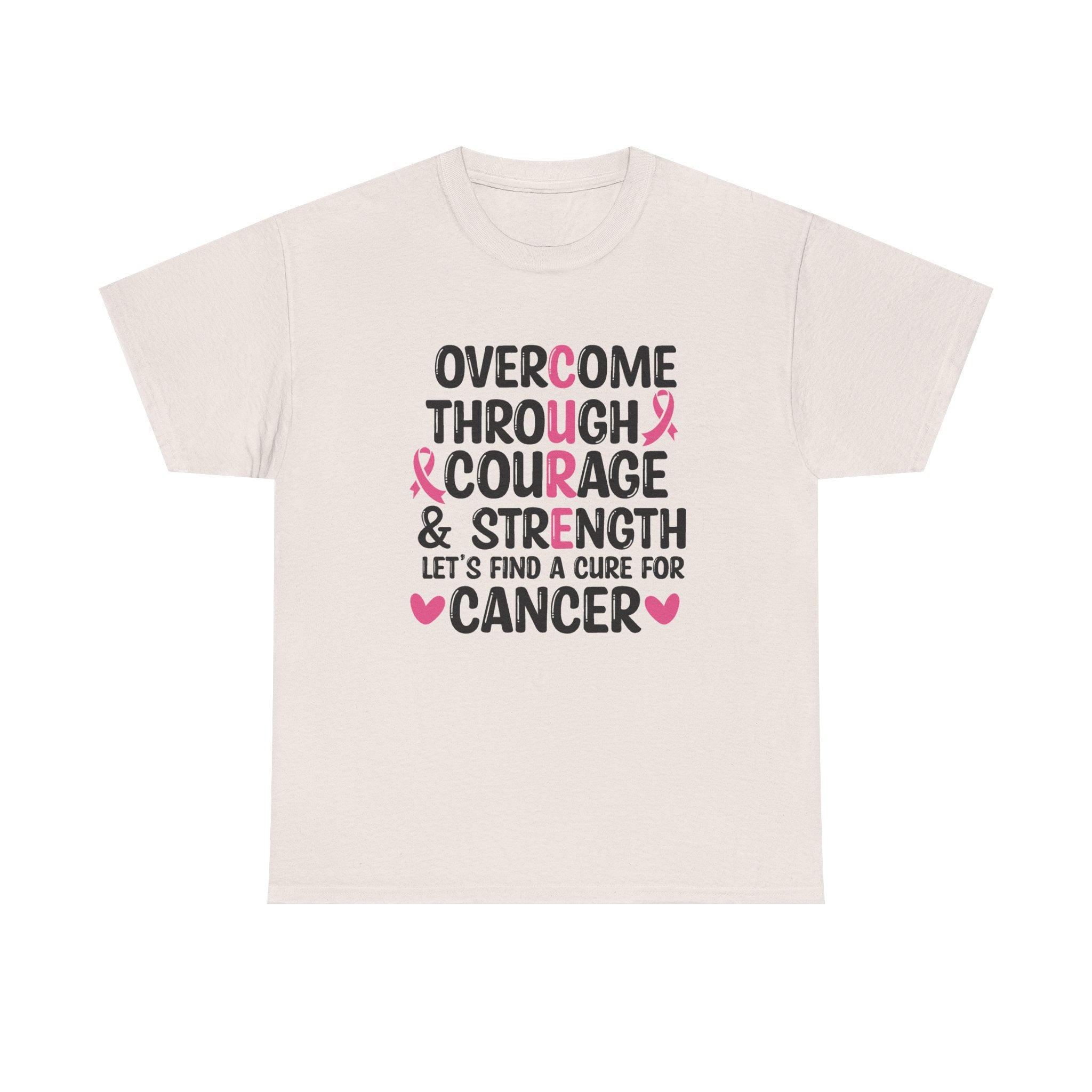 Breast Cancer Awareness Tee — "Overcome Through Courage & Strength" Motivational Shirt by Printify