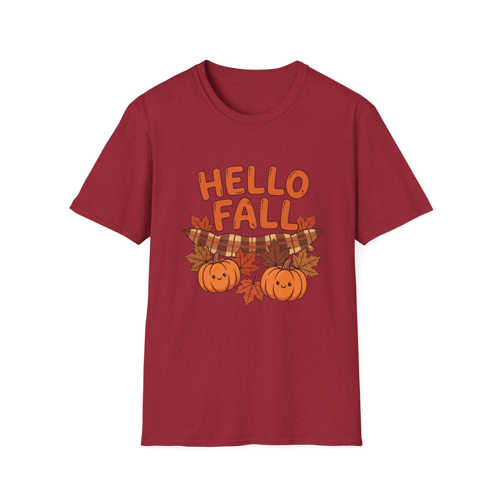 Hello Fall T-Shirt — Cute Pumpkin & Plaid Leaves Autumn Tee by Printify