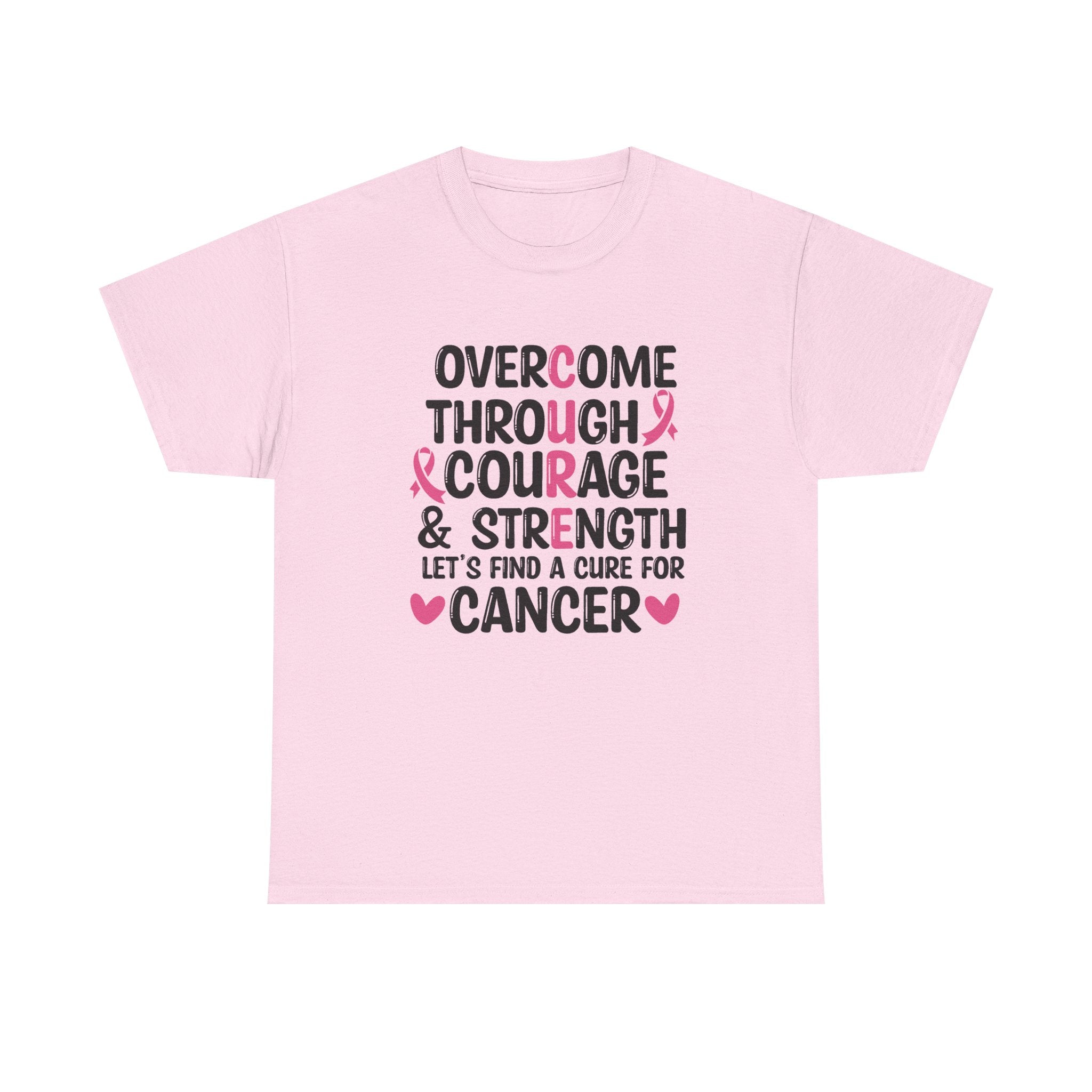 Breast Cancer Awareness Tee — "Overcome Through Courage & Strength" Motivational Shirt by Printify