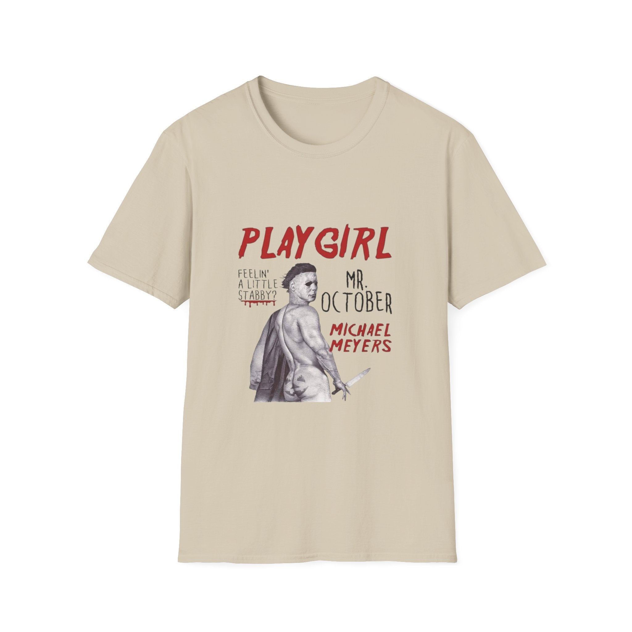Playgirl Michael Myers T‑Shirt — 'Playgirl' Horror Movie Tee (Mr. October / Feelin' A Little Stabby?) by Printify