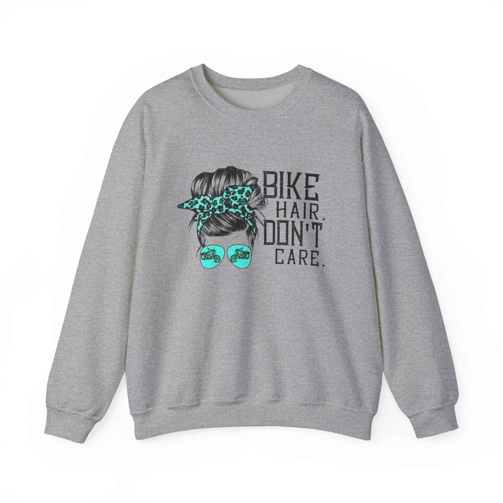 Sweatshirt — "Bike Hair Don’t Care" Graphic Crewneck by Printify