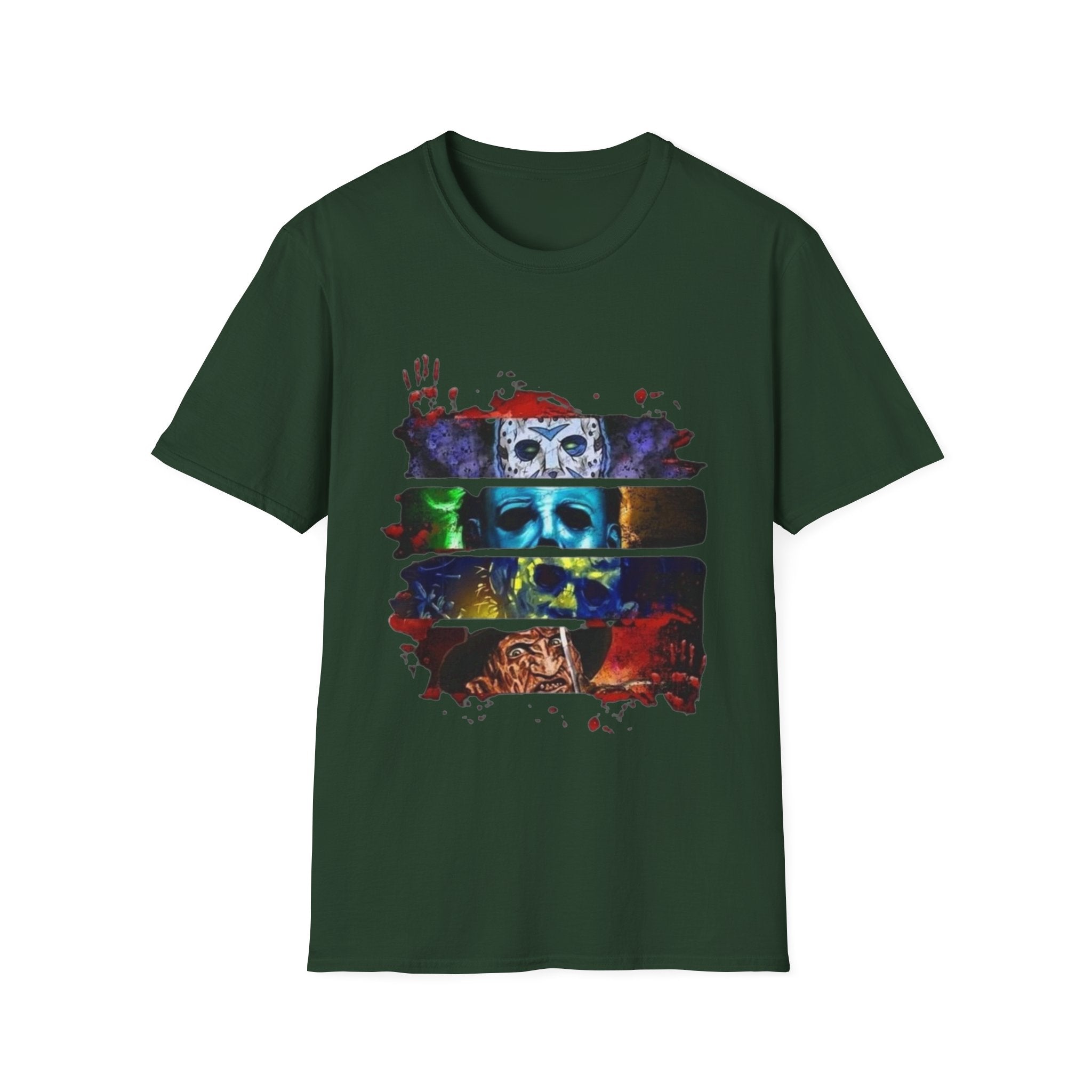 Horror Mask Split-Panel T-Shirt — Retro Slasher Movie Graphic Tee by Printify