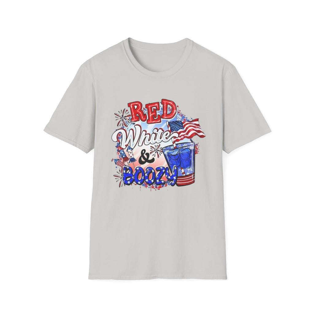 Red, White & Boozy Unisex Softstyle T-Shirt | Patriotic Tee, Independence Day Shirt, Summer Party Wear, BBQ Outfit, Casual Gift by Printify