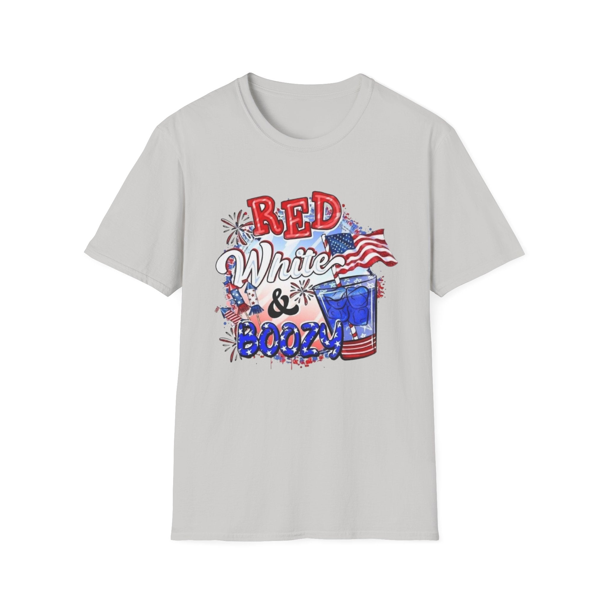 Red, White & Boozy Unisex Softstyle T-Shirt | Patriotic Tee, Independence Day Shirt, Summer Party Wear, BBQ Outfit, Casual Gift by Printify