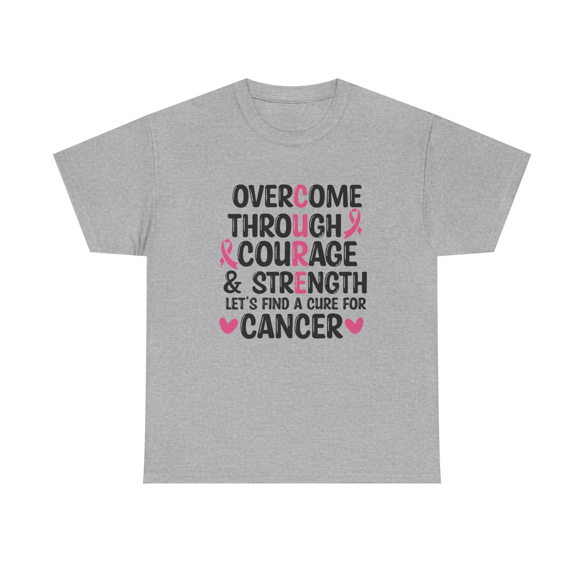 Breast Cancer Awareness Tee — "Overcome Through Courage & Strength" Motivational Shirt by Printify