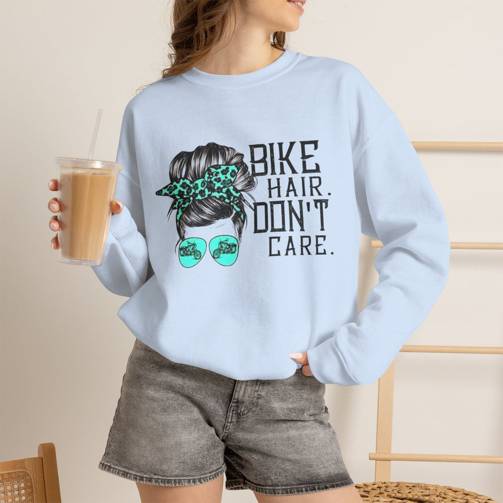 Sweatshirt — "Bike Hair Don’t Care" Graphic Crewneck by Printify