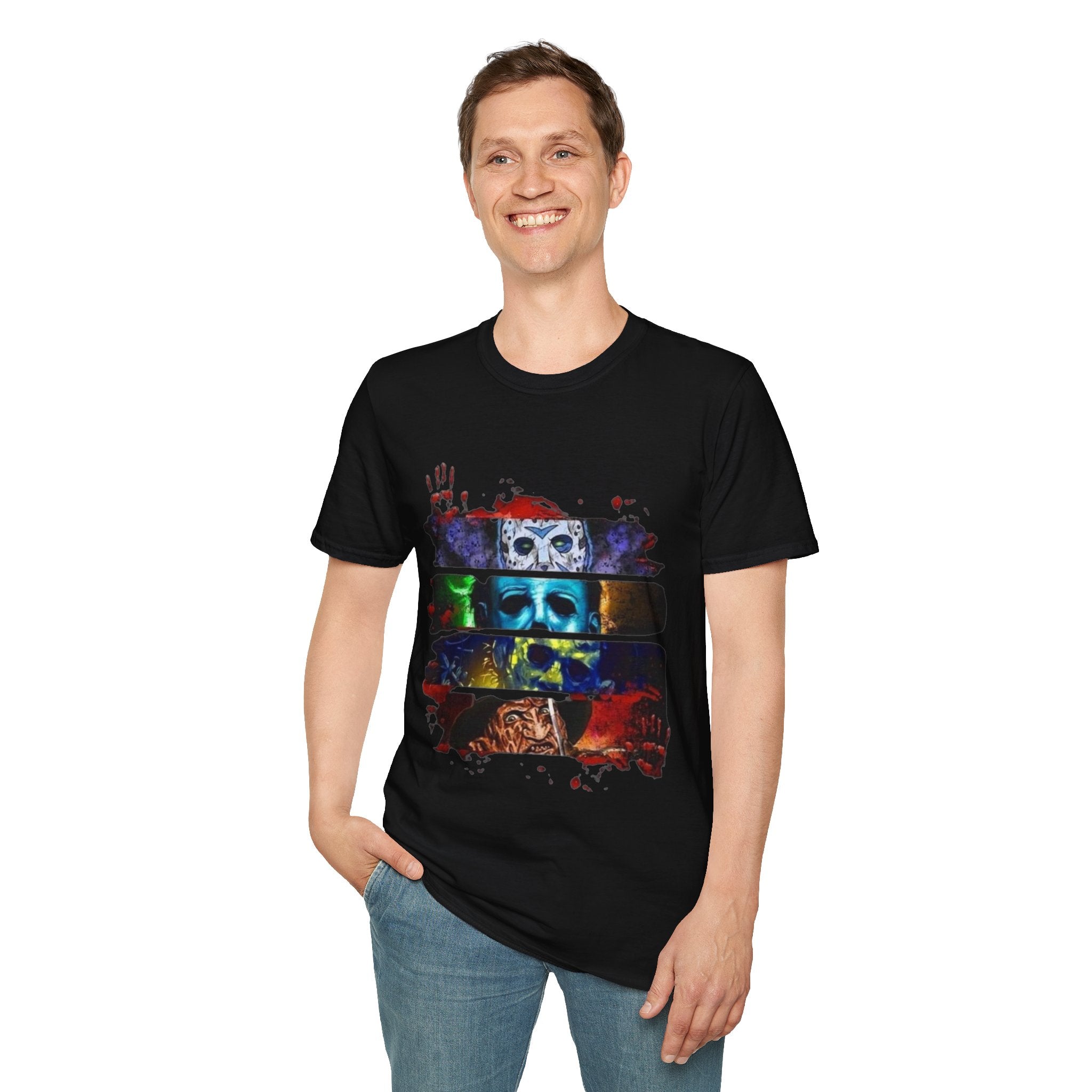 Horror Mask Split-Panel T-Shirt — Retro Slasher Movie Graphic Tee by Printify