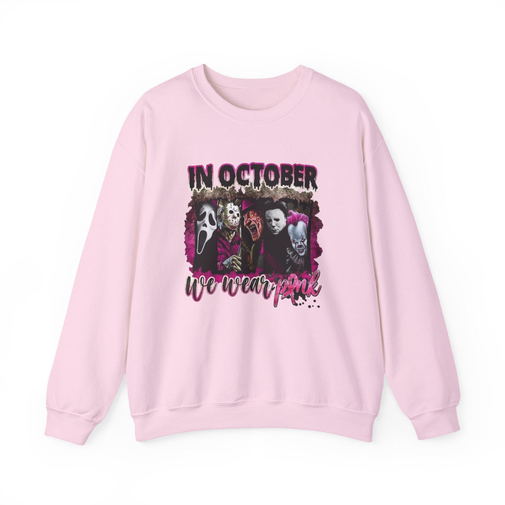 October Horror Crewneck Sweatshirt — "In October We Wear Pink" by Printify