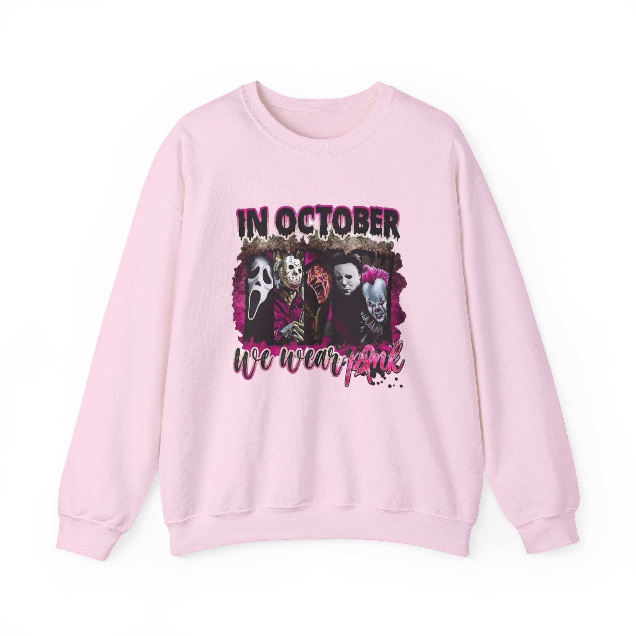 October Horror Crewneck Sweatshirt — "In October We Wear Pink" by Printify