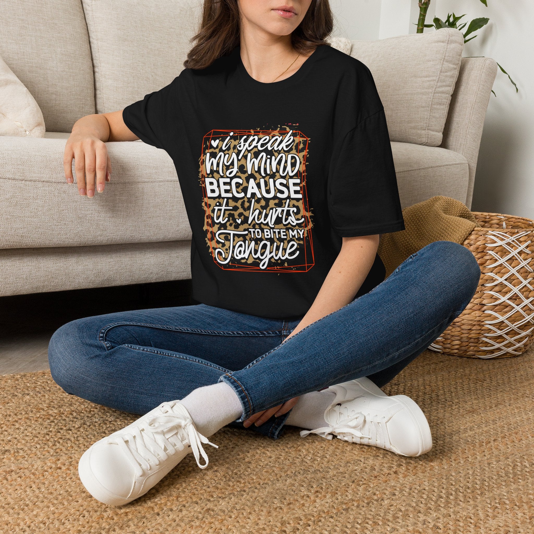 T-Shirt — “I Speak My Mind Because It Hurts to Bite My Tongue” Leopard Graphic by Printify
