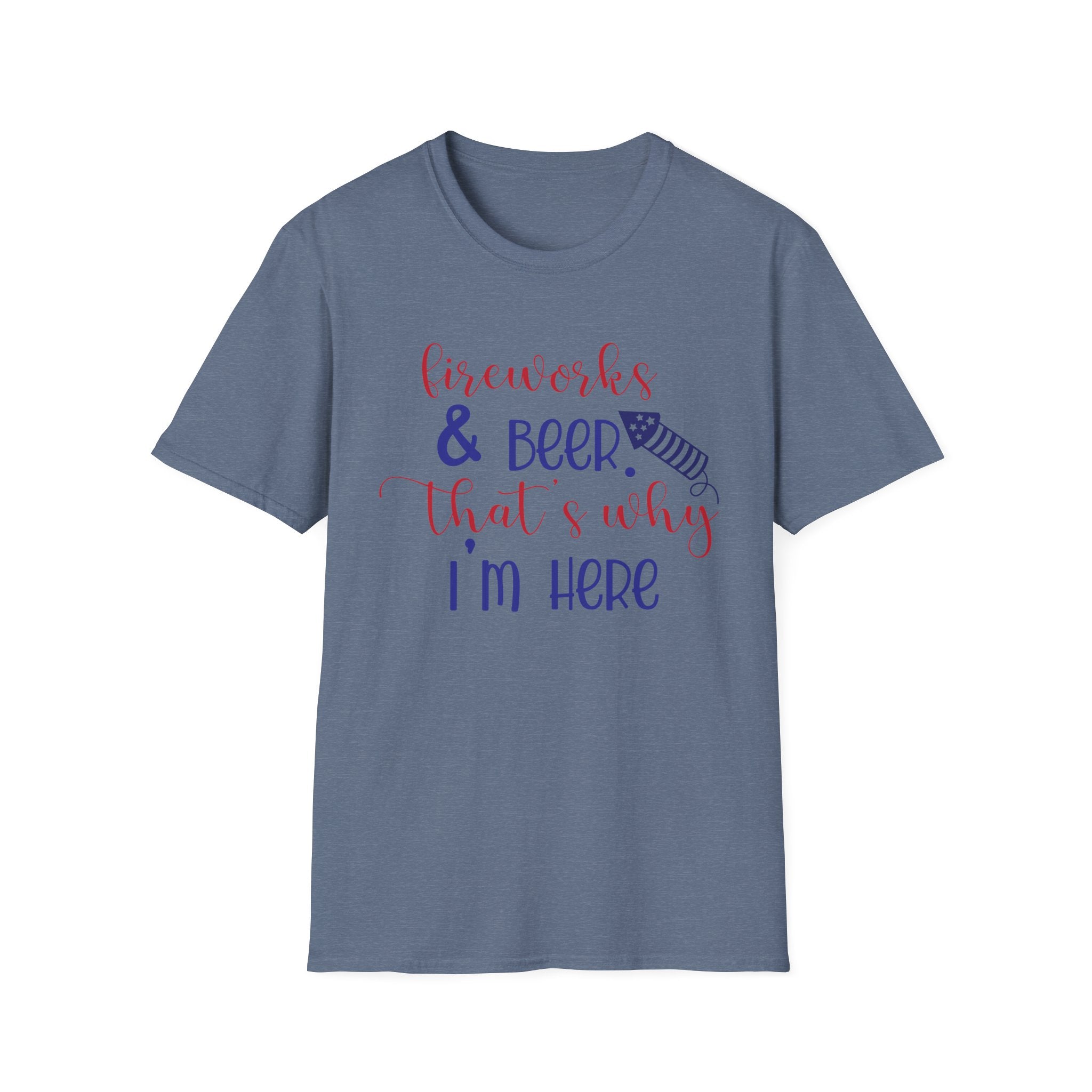 Fireworks & Beer Unisex Softstyle T-Shirt, 4th of July Shirt, Summer BBQ Tee, Celebration Outfit, Casual Party Wear by Printify