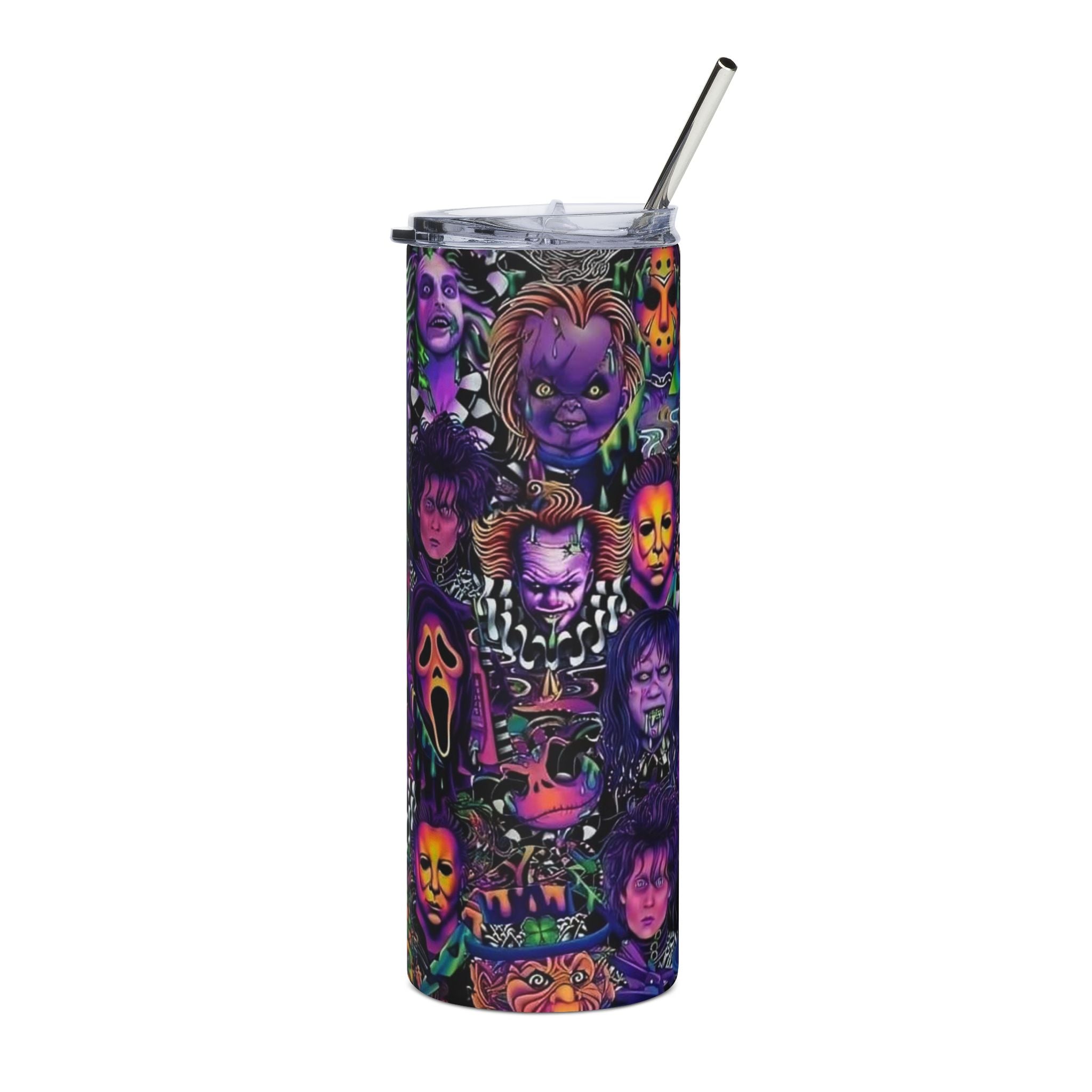Horror Icons 20oz Stainless Steel Tumbler — Neon Cult Classic Faces Travel Cup by Printify