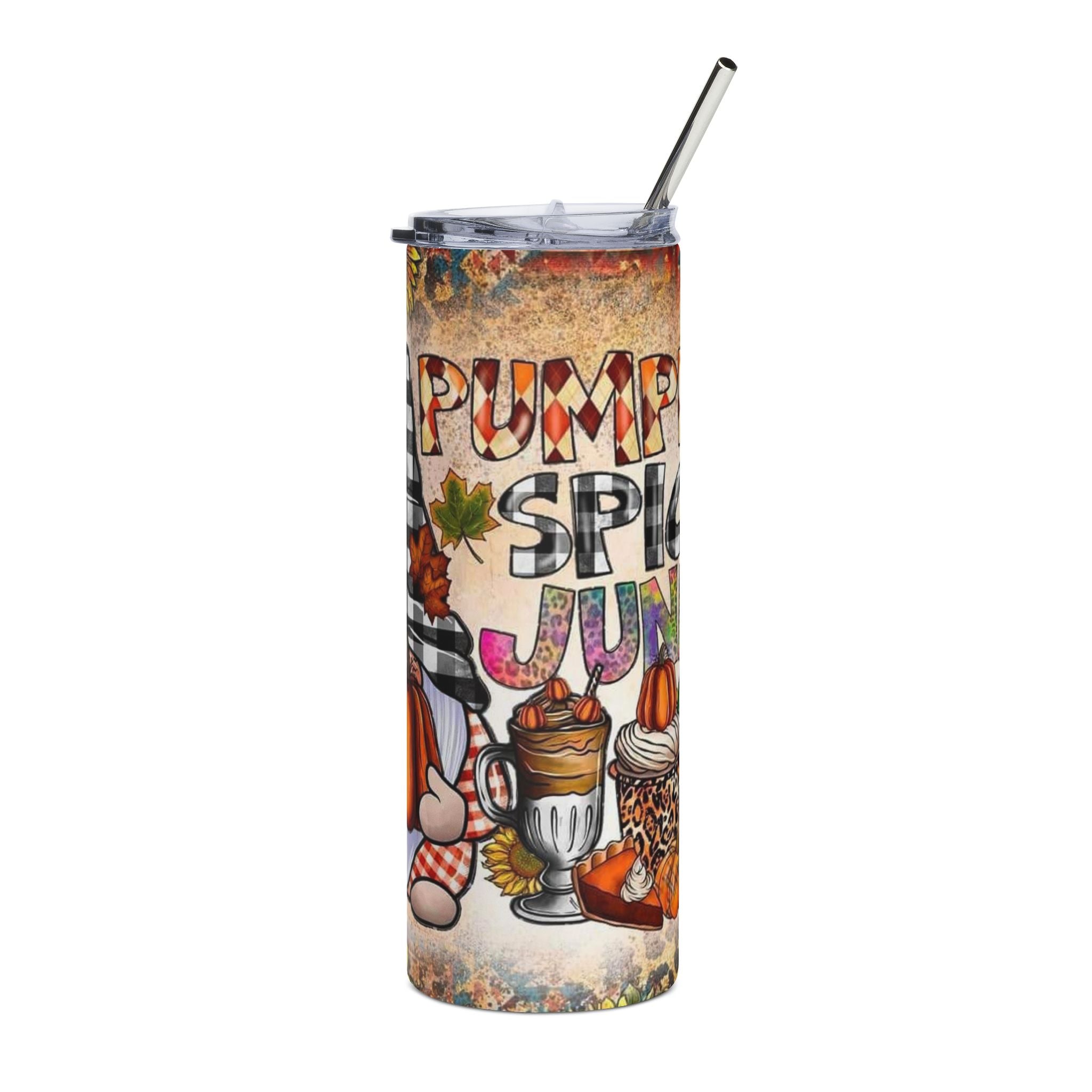 Pumpkin Spice Junkie 20oz Stainless Steel Tumbler — Fall Gnome Coffee Cup by Printify