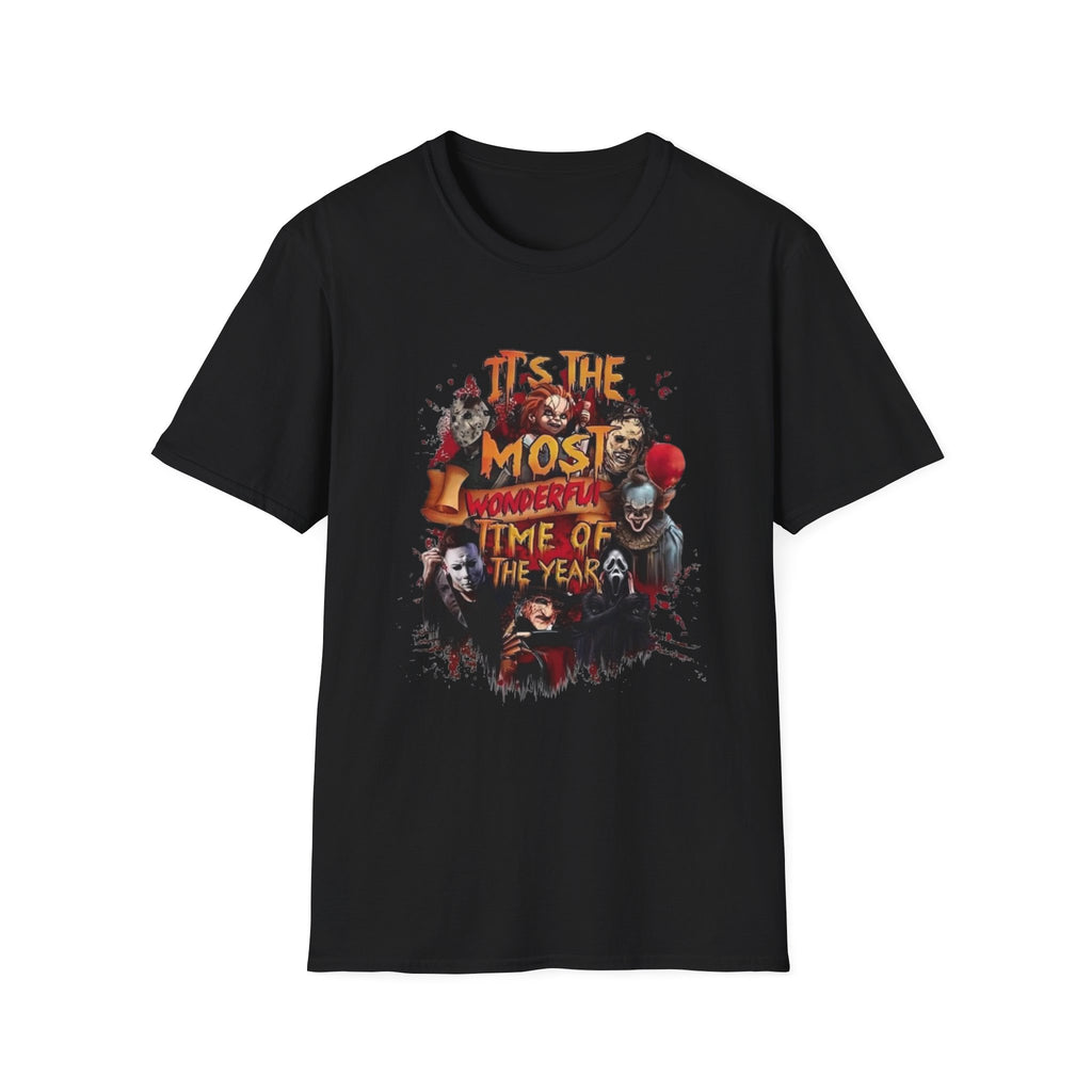 T-Shirt — "Tis The Most Wonderful Time Of The Year" Horror Clown Holiday Tee by Printify
