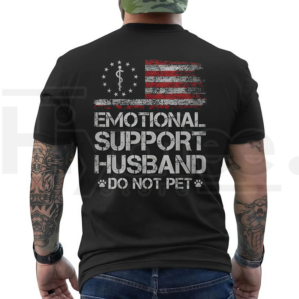 "Emotional Support Husband" – USA Flag Motif Graphic Apparel by Hiyatee