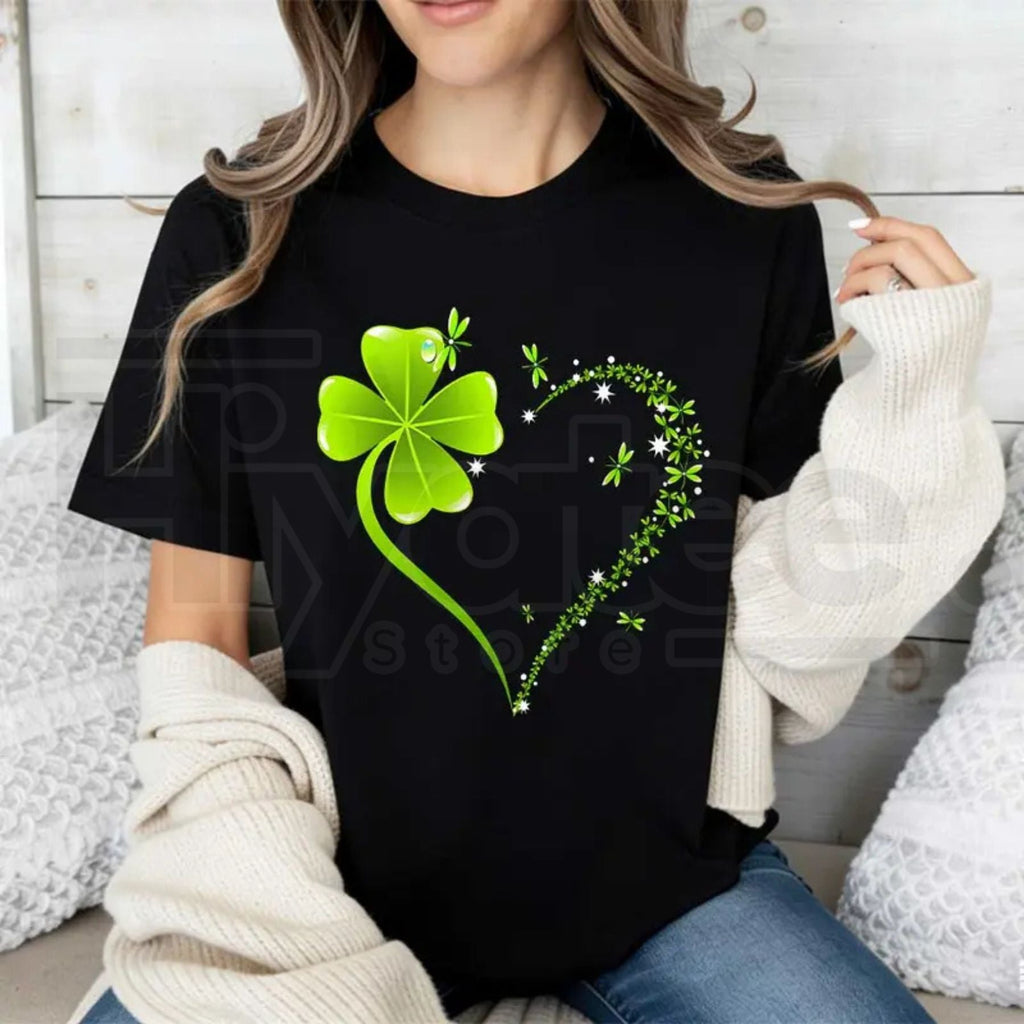 Four Leaf Clover Heart T-Shirt – St. Patrick's Day Celebration Crew Neck by Hiyatee