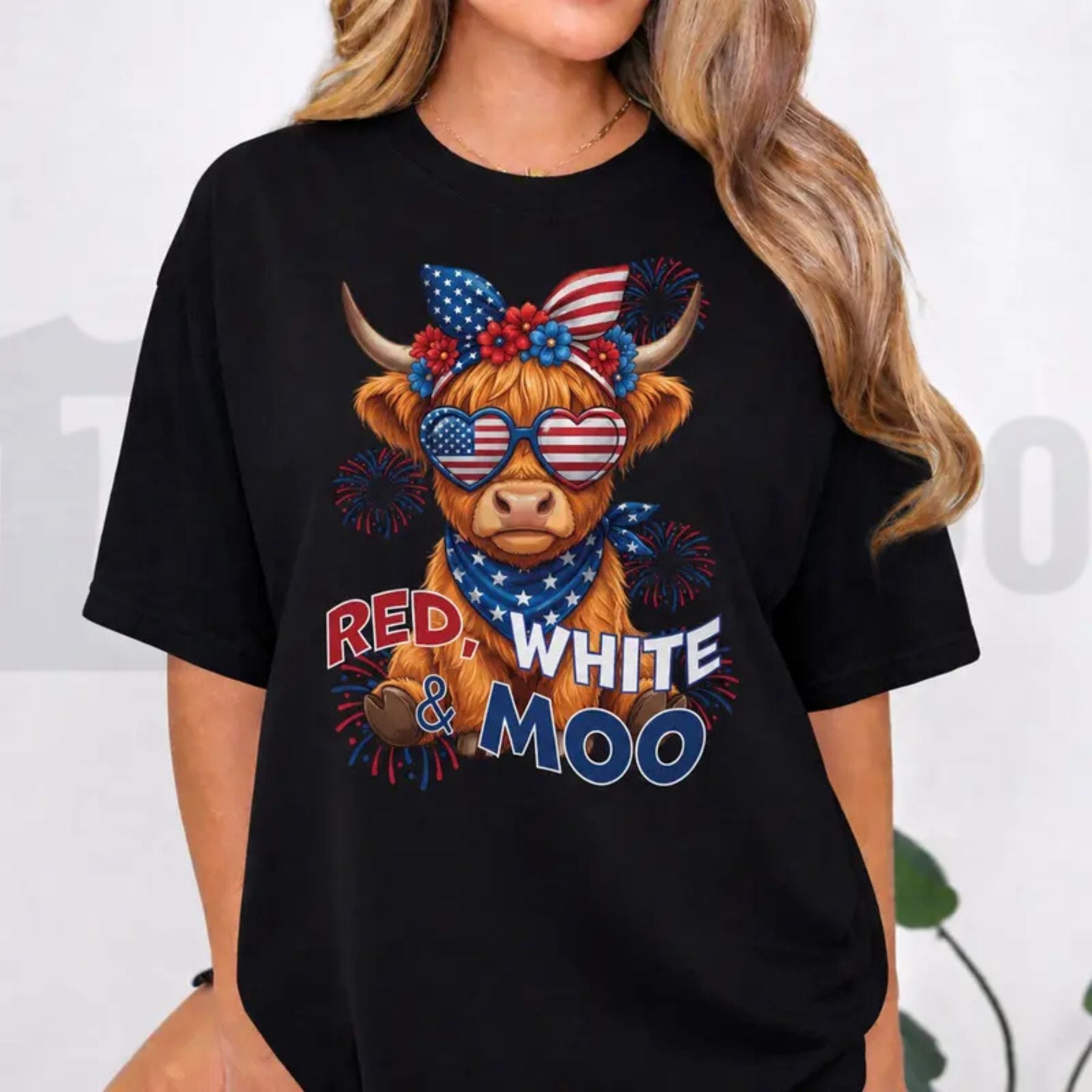 Red White and Moo Highland Cow Cute 4th of July Patriotic Graphic T-Shirt by Teezioo
