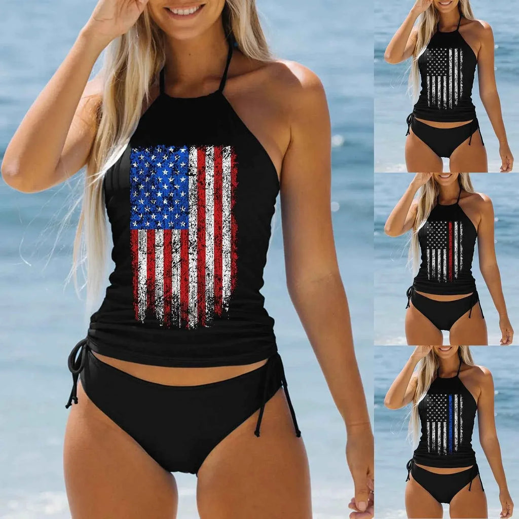 American Flag Print Women's Tankini Swimwear by THRIXINE