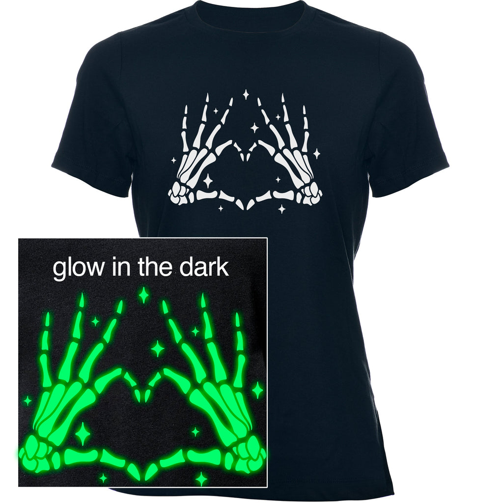 Glow in the Dark Dead Inside Heart Skeleton Hands Black Tee Shirt by BodyCandy