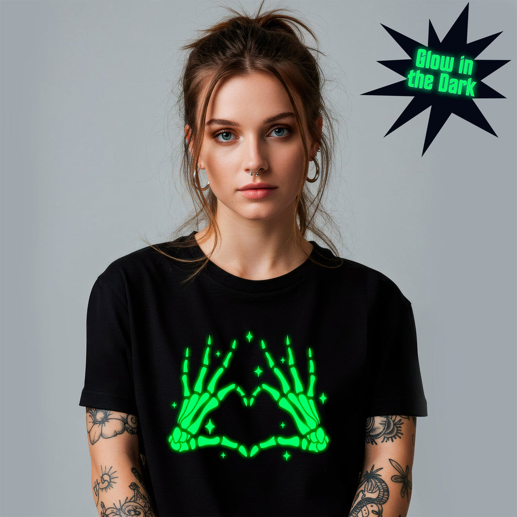 Glow in the Dark Dead Inside Heart Skeleton Hands Black Tee Shirt by BodyCandy