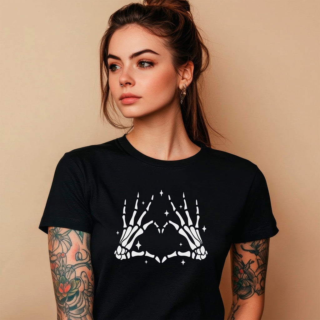 Glow in the Dark Dead Inside Heart Skeleton Hands Black Tee Shirt by BodyCandy