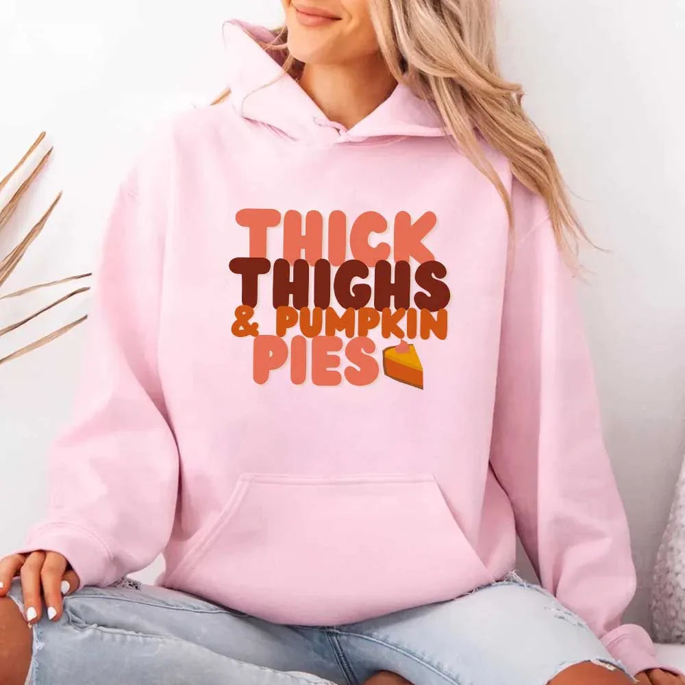 Thick Thighs and Pumpkin Pies Fall Vibes Fleece Pullover Hoodie by Adorb Custom Tees